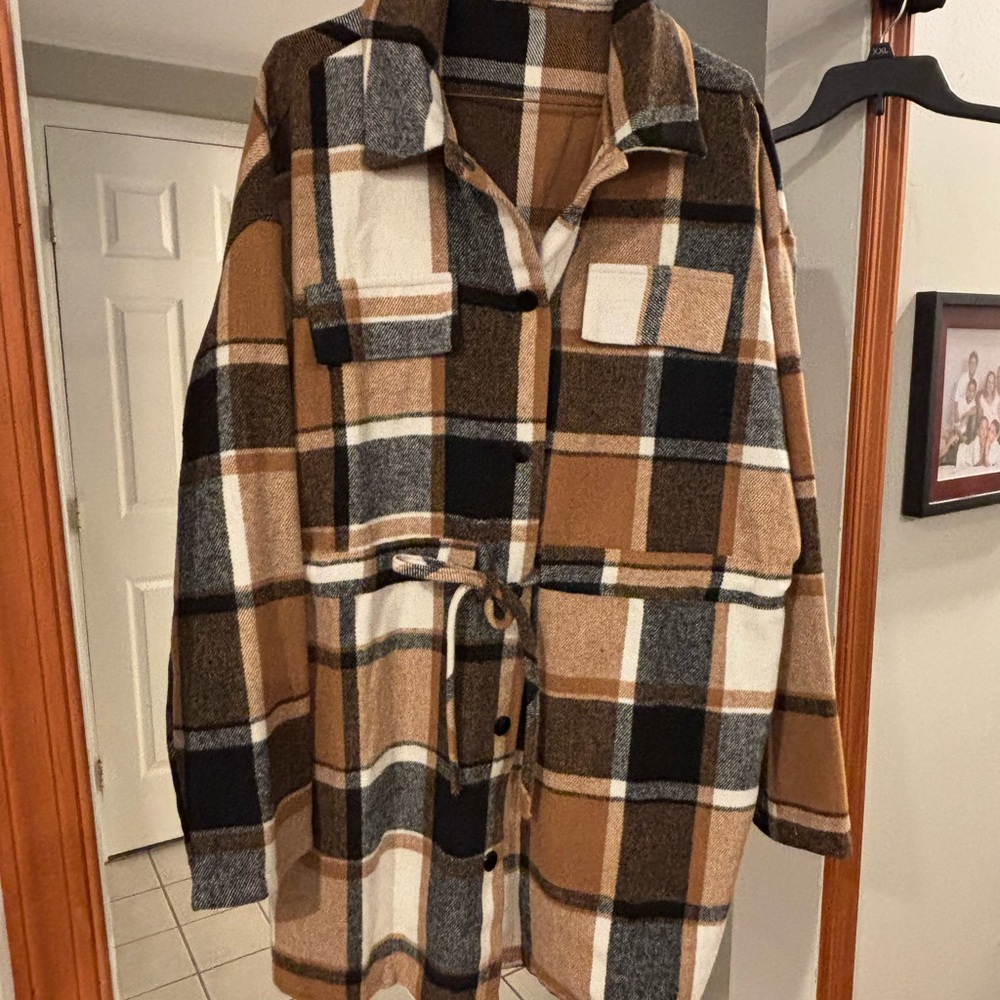 Plaid Button-Up Coat with Belt